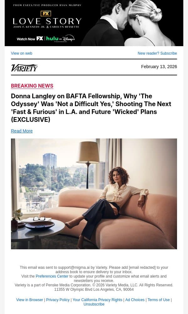Donna Langley on BAFTA Fellowship, Why 'The Odyssey' Was 'Not a Difficult Yes,' Shooting The Next 'Fast and Furious' in L.A. and Future 'Wicked' Plans (EXCLUSIVE) email from Variety screenshot