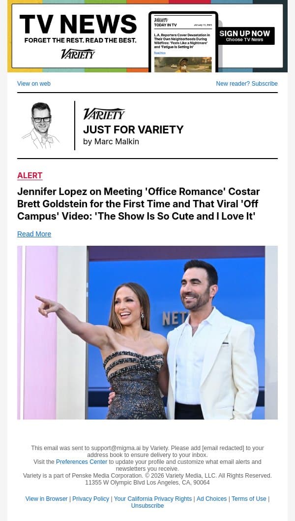 Jennifer Lopez on Meeting 'Office Romance' Costar Brett Goldstein for the First Time and That Viral 'Off Campus' Video: 'The Show Is So Cute and I Love It' email from Variety screenshot