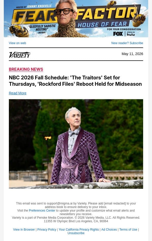 NBC 2026 Fall Schedule: 'The Traitors' Set for Thursdays, 'Rockford Files' Reboot Held for Midseason email from Variety screenshot