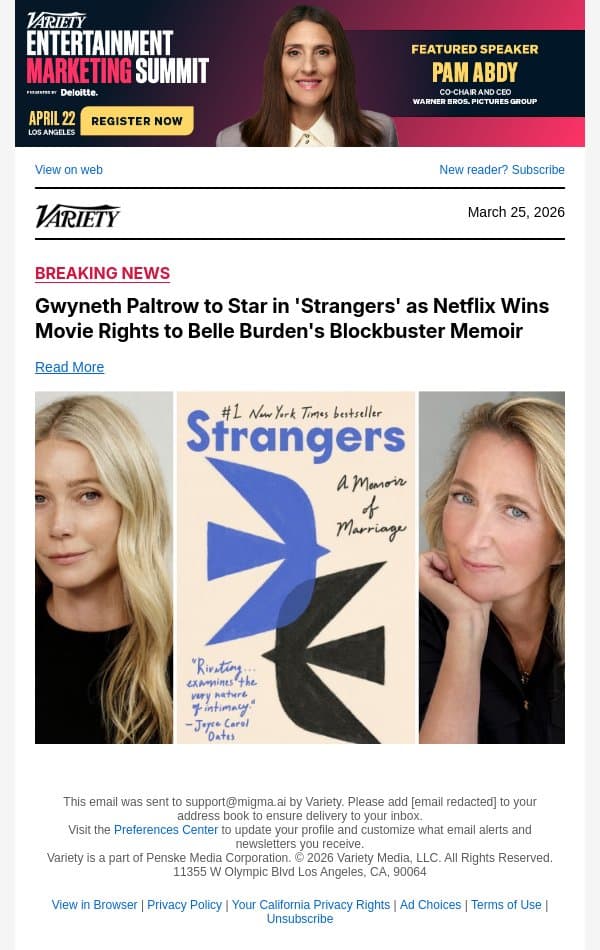 Gwyneth Paltrow to Star in 'Strangers' as Netflix Wins Movie Rights to Belle Burden's Blockbuster Memoir email from Variety screenshot