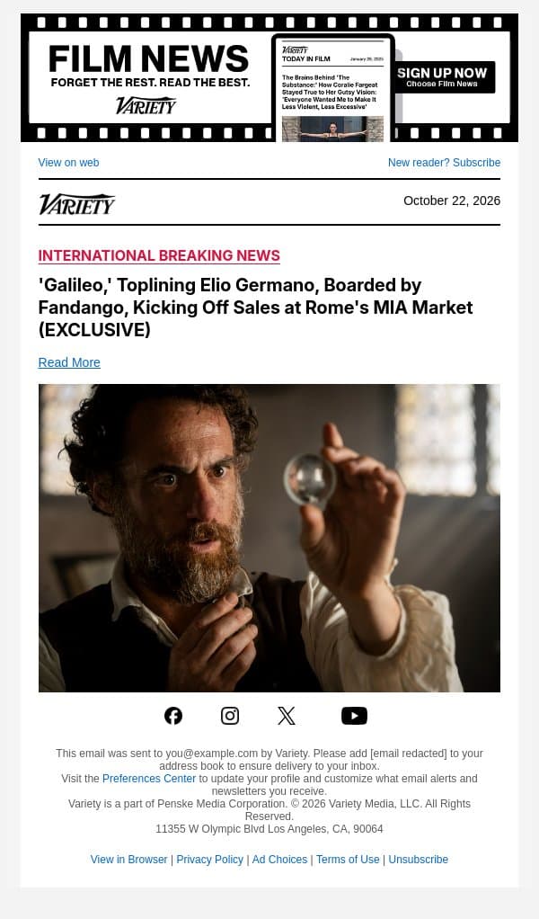 'Galileo,' Toplining Elio Germano, Boarded by Fandango, Kicking Off Sales at Rome's MIA Market (EXCLUSIVE) email from Variety screenshot