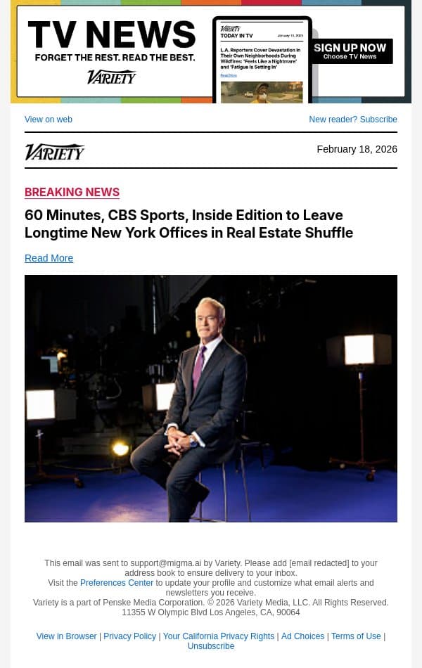 60 Minutes, CBS Sports, Inside Edition to Leave Longtime New York Offices in Real Estate Shuffle email from Variety screenshot