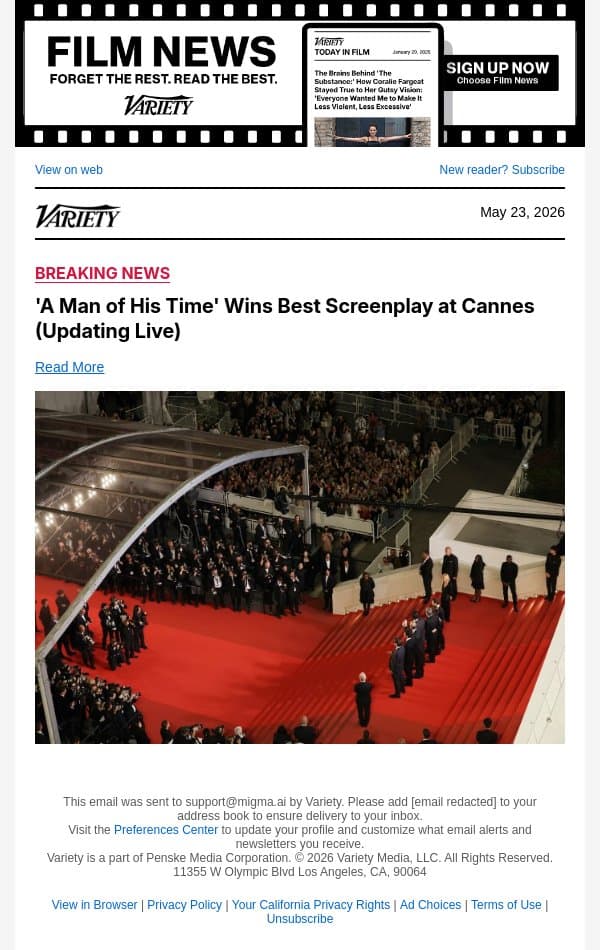 'A Man of His Time' Wins Best Screenplay at Cannes (Updating Live) email from Variety screenshot