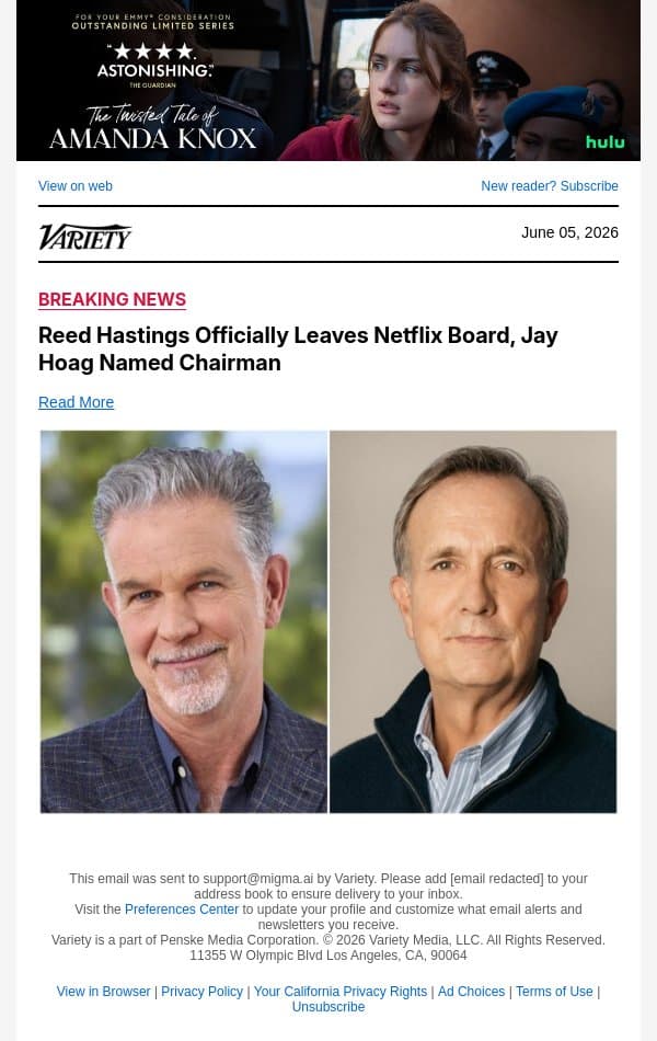 Reed Hastings Officially Leaves Netflix Board, Jay Hoag Named Chairman email from Variety screenshot