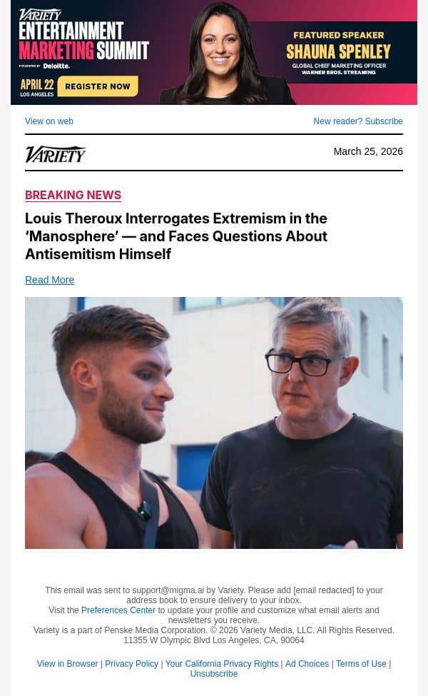Louis Theroux Interrogates Extremism in the ‘Manosphere’ — and Faces Questions About Antisemitism Himself email from Variety screenshot