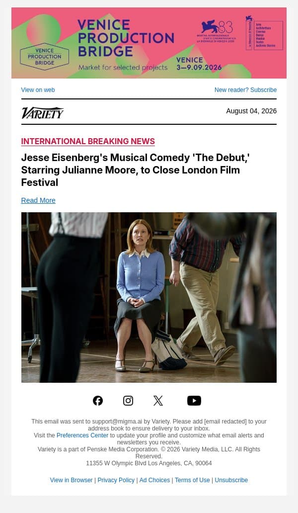 Jesse Eisenberg's Musical Comedy 'The Debut,' Starring Julianne Moore, to Close London Film Festival email from Variety screenshot