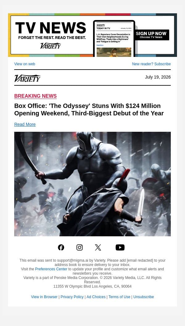 Box Office: 'The Odyssey' Stuns With $124 Million Opening Weekend, Third-Biggest Debut of the Year email from Variety screenshot