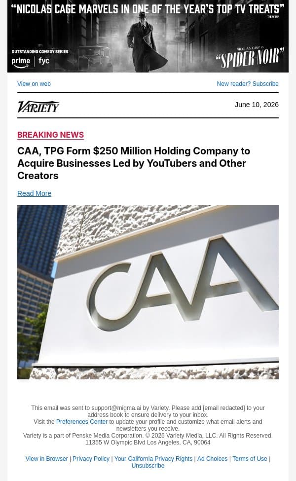 CAA, TPG Form $250 Million Holding Company to Acquire Businesses Led by YouTubers and Other Creators email from Variety screenshot