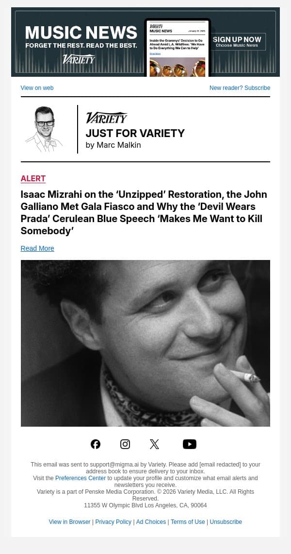 Isaac Mizrahi on the ‘Unzipped’ Restoration, the John Galliano Met Gala Fiasco and Why the ‘Devil Wears Prada’ Cerulean Blue Speech ‘Makes Me Want to Kill Somebody’ email from Variety screenshot
