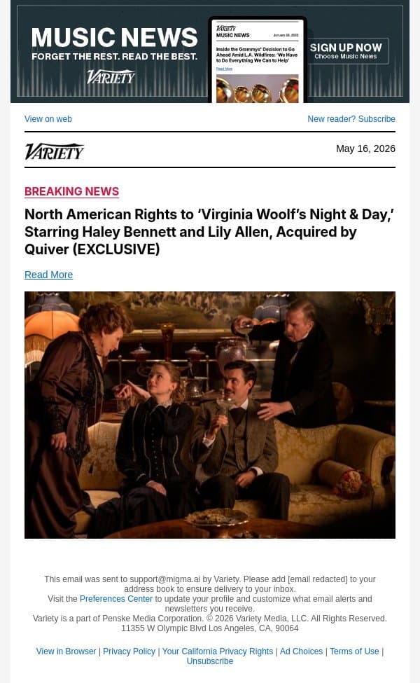 North American Rights to ‘Virginia Woolf’s Night and Day,’ Starring Haley Bennett and Lily Allen, Acquired by Quiver (EXCLUSIVE) email from Variety screenshot