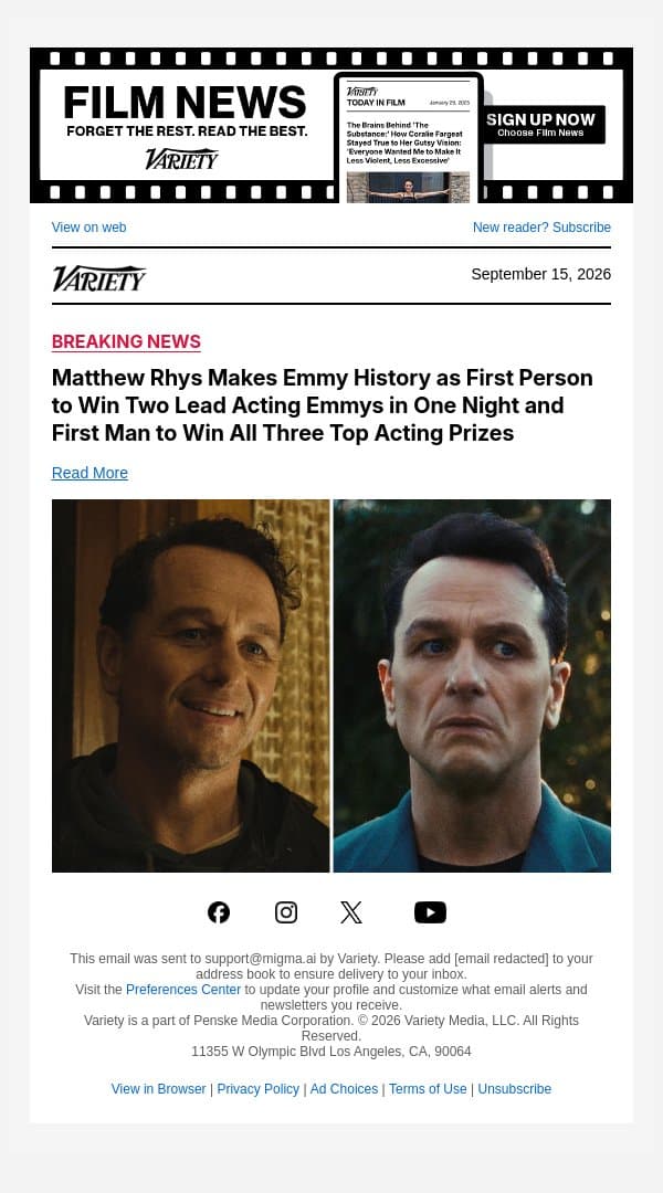 Matthew Rhys Makes Emmy History as First Person to Win Two Lead Acting Emmys in One Night and First Man to Win All Three Top Acting Prizes email from Variety screenshot