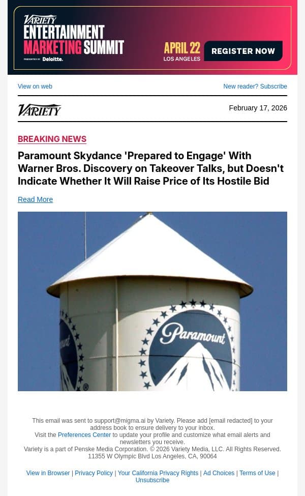 Paramount Skydance 'Prepared to Engage' With Warner Bros. Discovery on Takeover Talks, but Doesn't Indicate Whether It Will Raise Price of Its Hostile Bid email from Variety screenshot