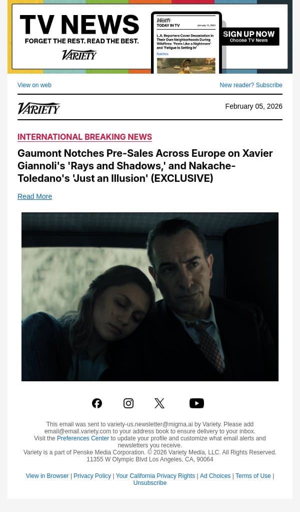 Gaumont Notches Pre-Sales Across Europe on Xavier Giannoli's 'Rays and Shadows,' and Nakache-Toledano's 'Just an Illusion' (EXCLUSIVE) email from Variety screenshot