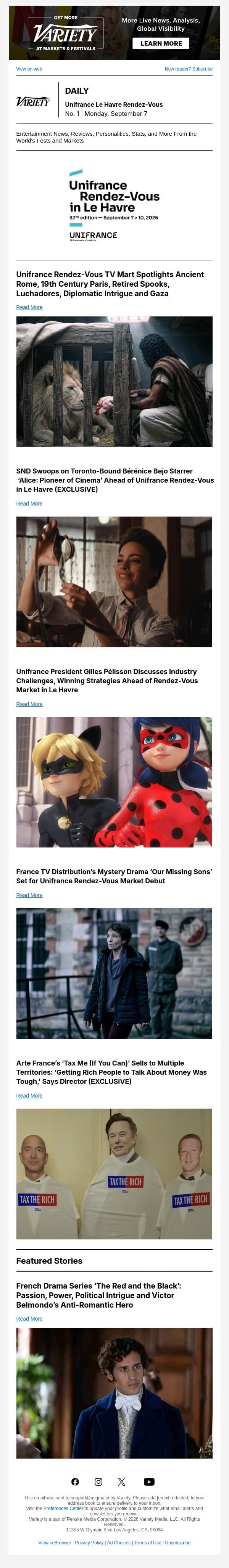 Rendez-Vous Highlights; Bérenice Bejo’s ‘Alice’ Boarded by SND; France’s New TV Distribution Model email from Variety screenshot