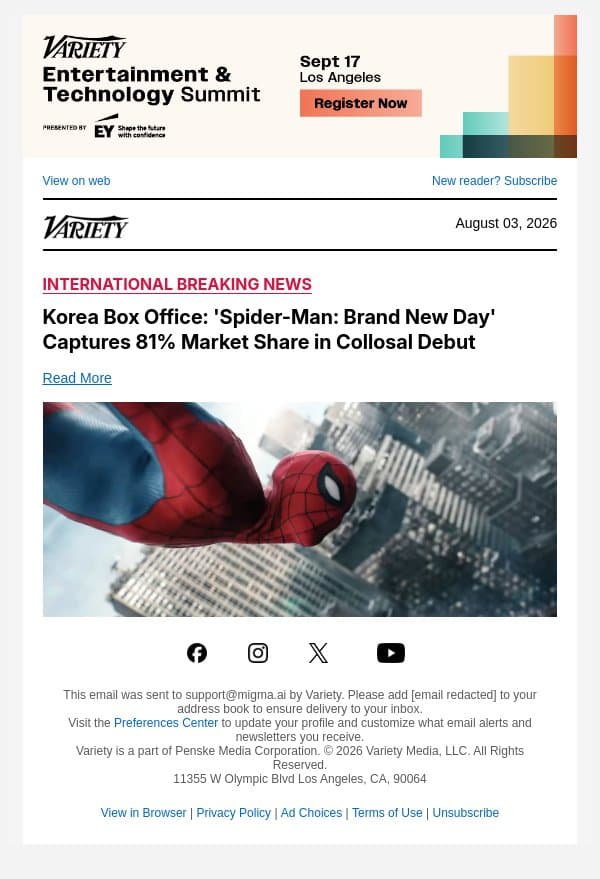 Korea Box Office: 'Spider-Man: Brand New Day' Captures 81% Market Share in Collosal Debut email from Variety screenshot