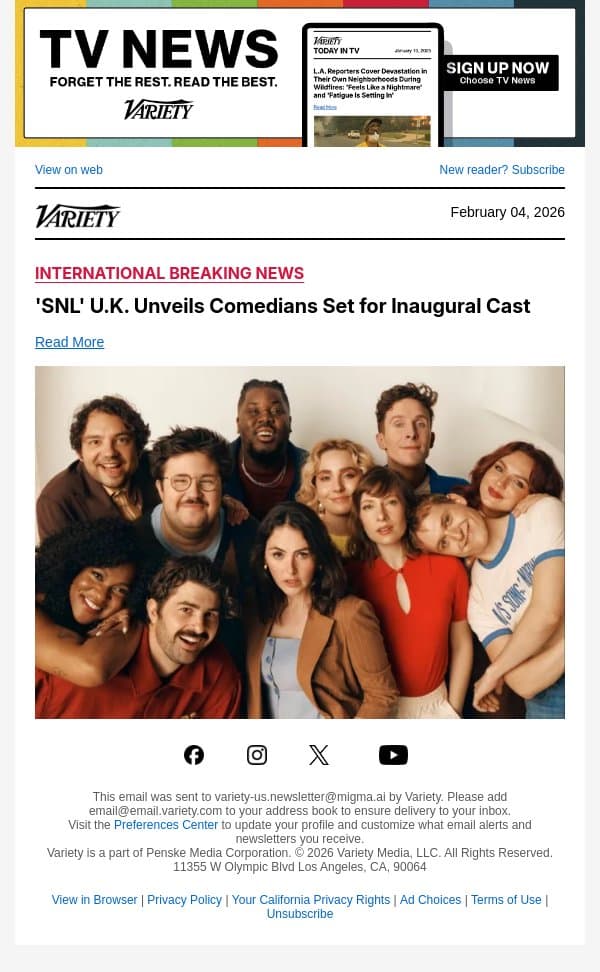 'SNL' U.K. Unveils Comedians Set for Inaugural Cast email from Variety screenshot