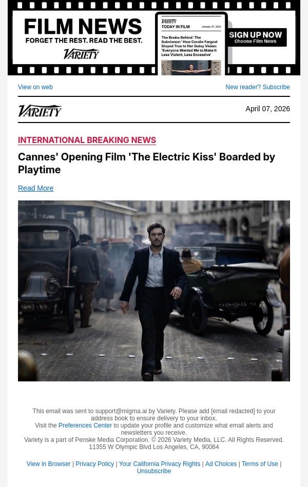 Cannes' Opening Film 'The Electric Kiss' Boarded by Playtime email from Variety screenshot