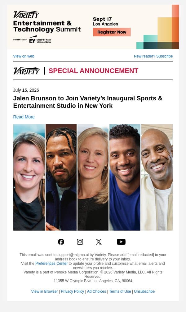 Jalen Brunson to Join Variety’s Inaugural Sports & Entertainment Studio in New York email from Variety screenshot