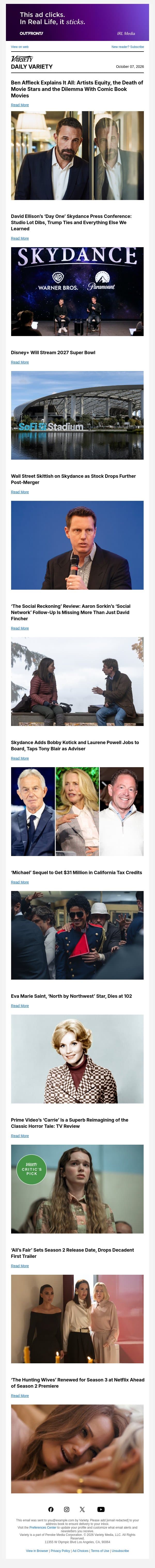 Ben Affleck Explains It All; Ellison's 'Day One' Skydance Conference; Super Bowl to Stream on Disney+ email from Variety screenshot