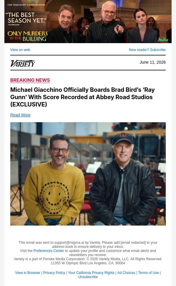 Michael Giacchino Officially Boards Brad Bird’s ‘Ray Gunn’ With Score Recorded at Abbey Road Studios (EXCLUSIVE) email from Variety screenshot