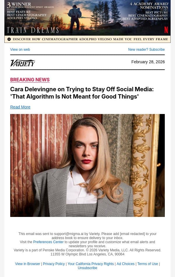 Cara Delevingne on Trying to Stay Off Social Media: 'That Algorithm Is Not Meant for Good Things' email from Variety screenshot