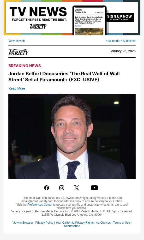 Jordan Belfort Docuseries 'The Real Wolf of Wall Street' Set at Paramount+ (EXCLUSIVE) email from Variety screenshot