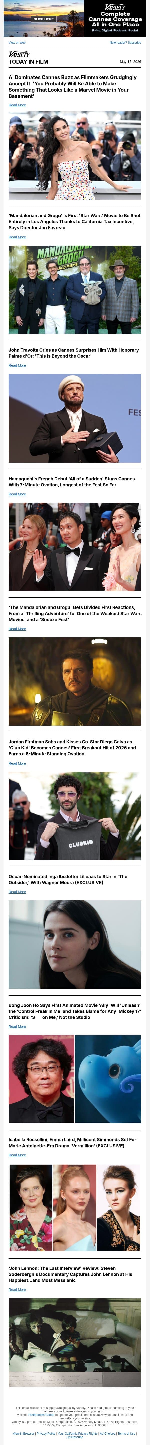 AI Sparks Cannes Buzz; 'Mandalorian and Grogu' Shot in L.A.; Horror Heats Up Croisette email from Variety screenshot