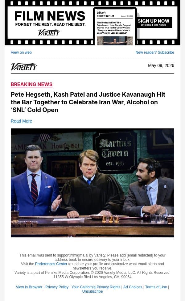Pete Hegseth, Kash Patel and Justice Kavanaugh Hit the Bar Together to Celebrate Iran War, Alcohol on ‘SNL’ Cold Open email from Variety screenshot