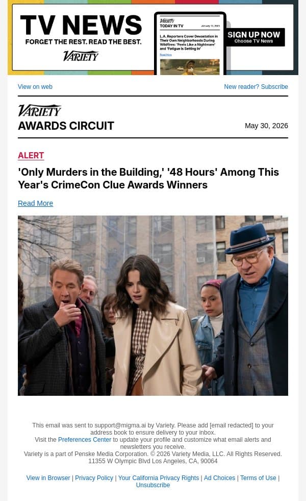 'Only Murders in the Building,' '48 Hours' Among This Year's CrimeCon Clue Awards Winners email from Variety screenshot