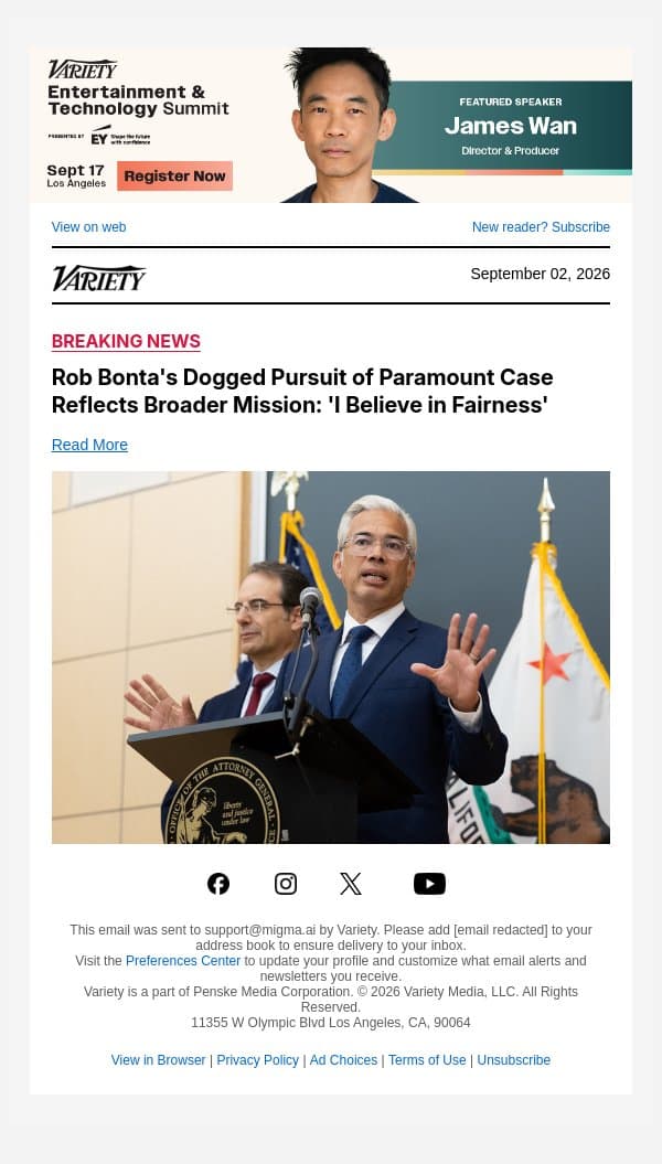 Rob Bonta's Dogged Pursuit of Paramount Case Reflects Broader Mission: 'I Believe in Fairness' email from Variety screenshot