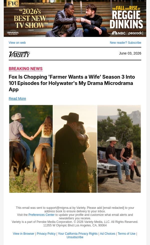 Fox Is Chopping 'Farmer Wants a Wife' Season 3 Into 101 Episodes for Holywater's My Drama Microdrama App email from Variety screenshot