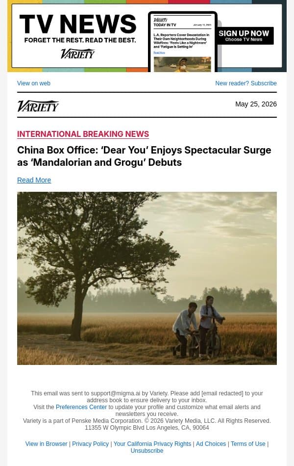 China Box Office: ‘Dear You’ Enjoys Spectacular Surge as ‘Mandalorian and Grogu’ Debuts email from Variety screenshot