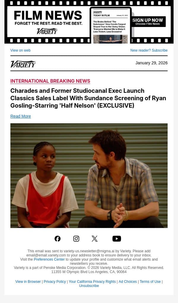 Charades and Former Studiocanal Exec Launch Classics Sales Label With Sundance Screening of Ryan Gosling-Starring 'Half Nelson' (EXCLUSIVE) email from Variety screenshot