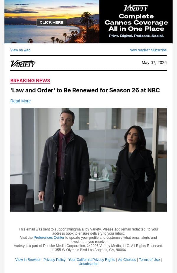 'Law and Order' to Be Renewed for Season 26 at NBC email from Variety screenshot