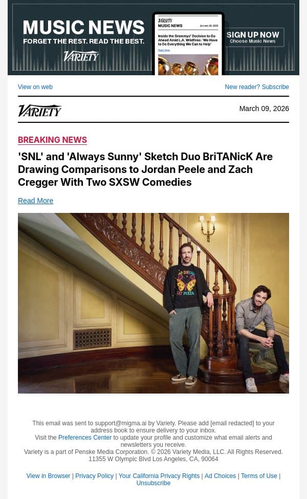 'SNL' and 'Always Sunny' Sketch Duo BriTANicK Are Drawing Comparisons to Jordan Peele and Zach Cregger With Two SXSW Comedies email from Variety screenshot