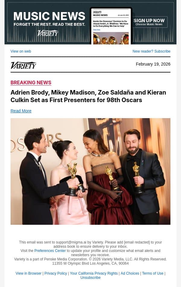 Adrien Brody, Mikey Madison, Zoe Saldaña and Kieran Culkin Set as First Presenters for 98th Oscars email from Variety screenshot