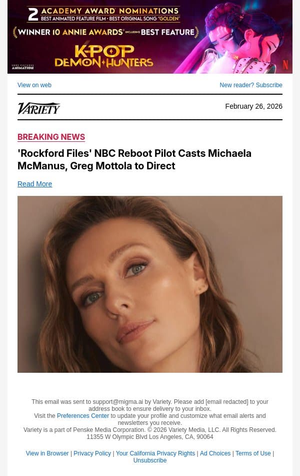 'Rockford Files' NBC Reboot Pilot Casts Michaela McManus, Greg Mottola to Direct email from Variety screenshot