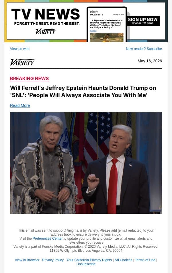 Will Ferrell's Jeffrey Epstein Haunts Donald Trump on 'SNL': 'People Will Always Associate You With Me' email from Variety screenshot