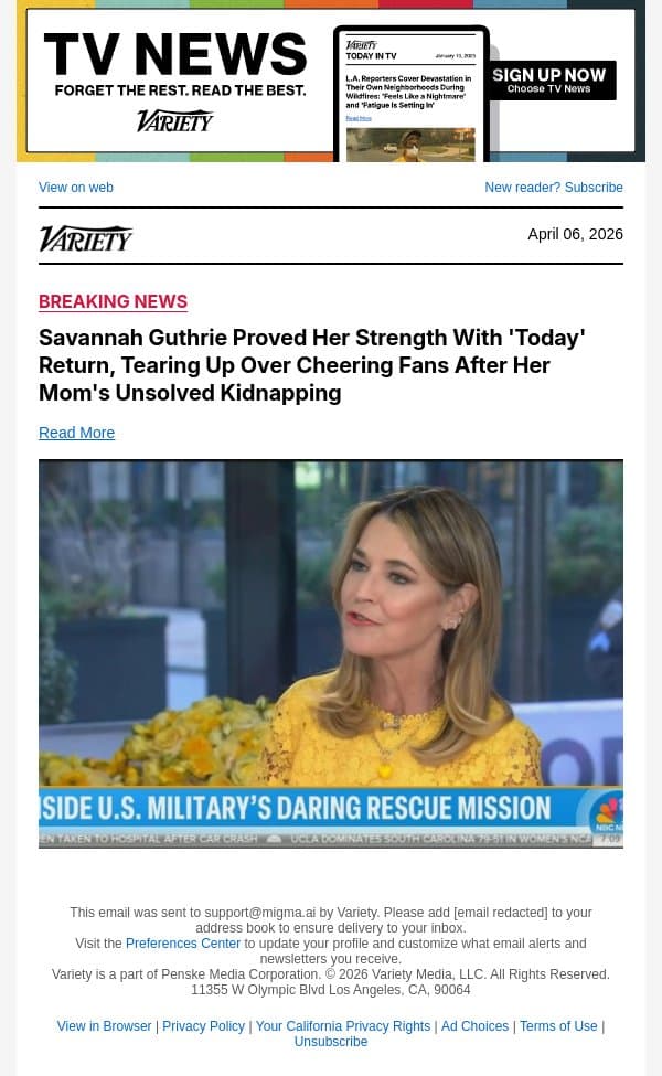 Savannah Guthrie Proved Her Strength With 'Today' Return, Tearing Up Over Cheering Fans After Her Mom's Unsolved Kidnapping email from Variety screenshot