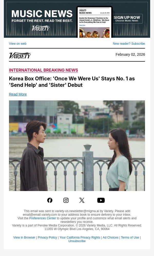 Korea Box Office: 'Once We Were Us' Stays No. 1 as 'Send Help' and 'Sister' Debut email from Variety screenshot