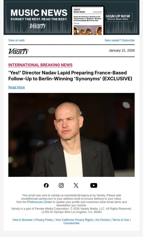 'Yes!' Director Nadav Lapid Preparing France-Based Follow-Up to Berlin-Winning 'Synonyms' (EXCLUSIVE) email from Variety screenshot