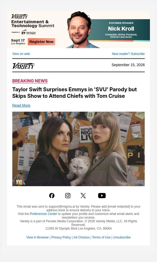 Taylor Swift Surprises Emmys in 'SVU' Parody but Skips Show to Attend Chiefs with Tom Cruise email from Variety screenshot