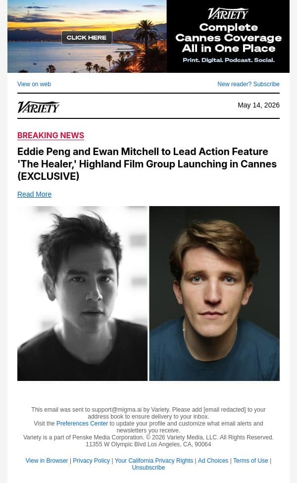 Eddie Peng and Ewan Mitchell to Lead Action Feature 'The Healer,' Highland Film Group Launching in Cannes (EXCLUSIVE) email from Variety screenshot