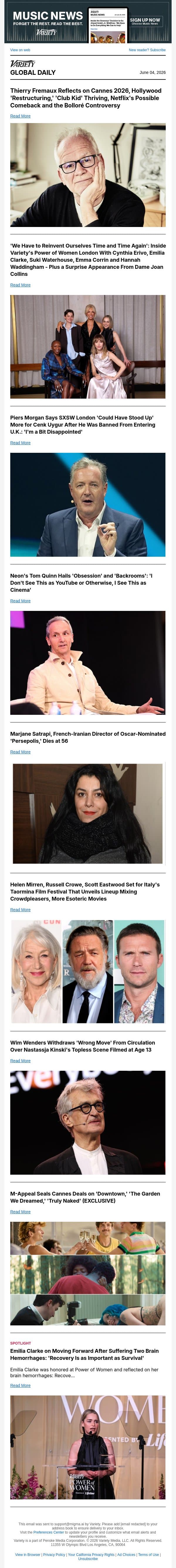 Fremaux Reflects on Cannes 2026; Power of Women London; Morgan Talks About Uygur email from Variety screenshot