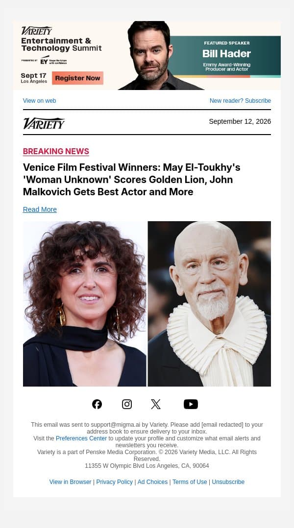 Venice Film Festival Winners: May El-Toukhy's 'Woman Unknown' Scores Golden Lion, John Malkovich Gets Best Actor and More email from Variety screenshot