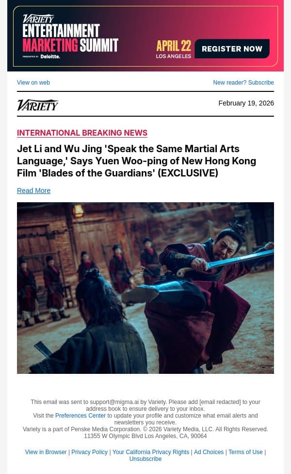 Jet Li and Wu Jing 'Speak the Same Martial Arts Language,' Says Yuen Woo-ping of New Hong Kong Film 'Blades of the Guardians' (EXCLUSIVE) email from Variety screenshot