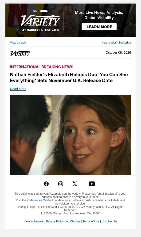 Nathan Fielder's Elizabeth Holmes Doc 'You Can See Everything' Sets November U.K. Release Date email from Variety screenshot