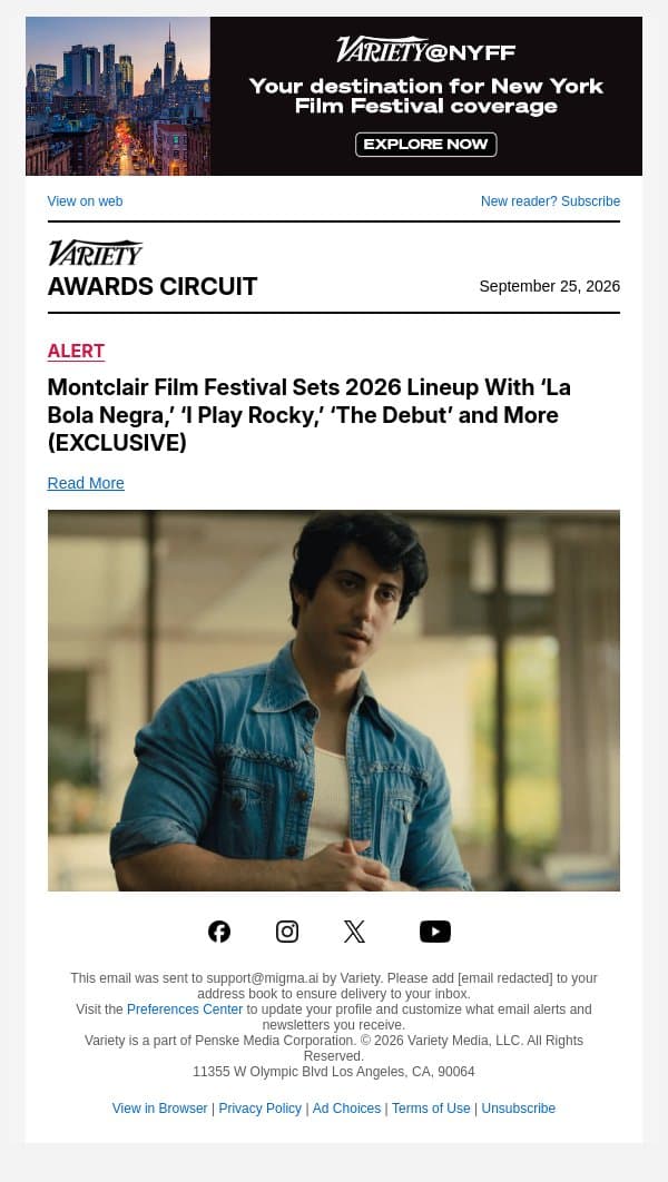 Montclair Film Festival Sets 2026 Lineup With ‘La Bola Negra,’ ‘I Play Rocky,’ ‘The Debut’ and More (EXCLUSIVE) email from Variety screenshot