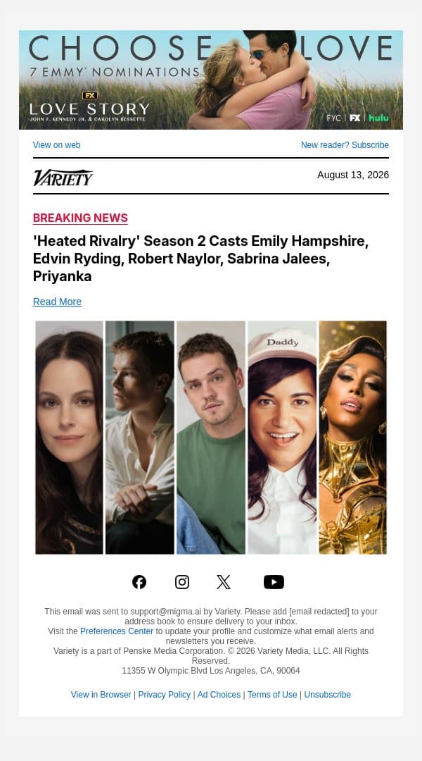 'Heated Rivalry' Season 2 Casts Emily Hampshire, Edvin Ryding, Robert Naylor, Sabrina Jalees, Priyanka email from Variety screenshot