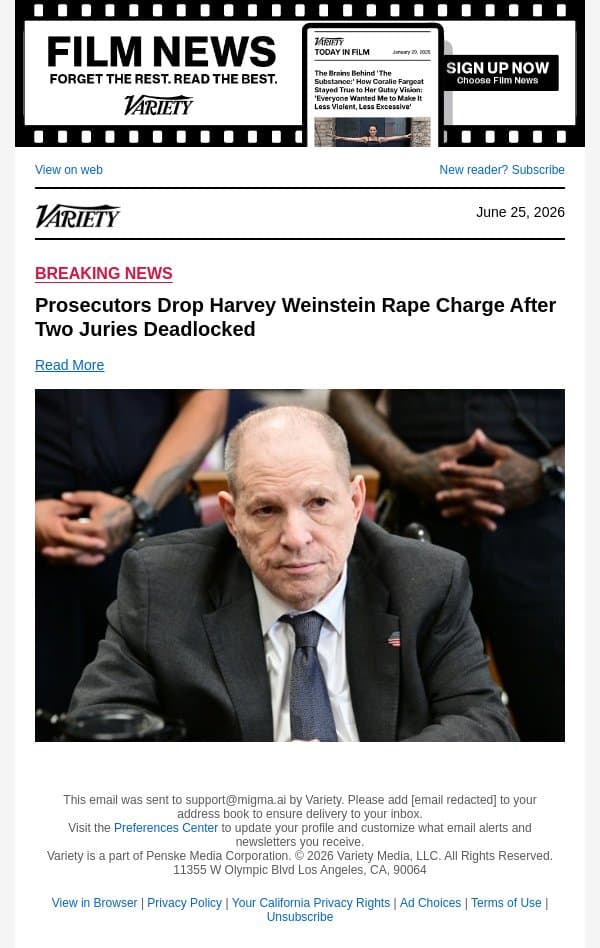 Prosecutors Drop Harvey Weinstein Rape Charge After Two Juries Deadlocked email from Variety screenshot